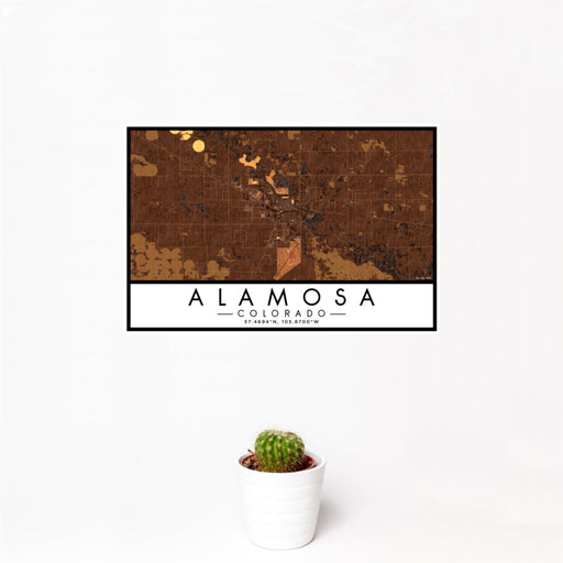 12x18 Alamosa Colorado Map Print Landscape Orientation in Ember Style With Small Cactus Plant in White Planter