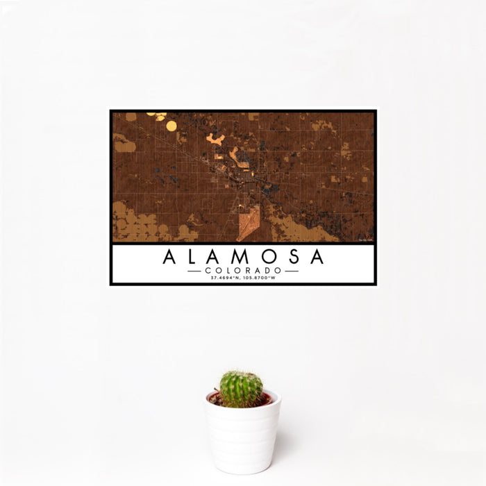 12x18 Alamosa Colorado Map Print Landscape Orientation in Ember Style With Small Cactus Plant in White Planter