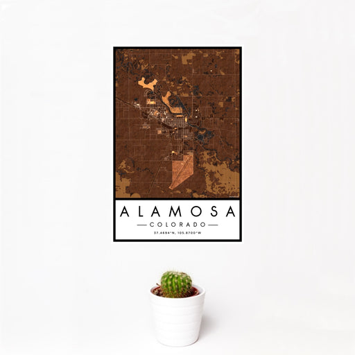 12x18 Alamosa Colorado Map Print Portrait Orientation in Ember Style With Small Cactus Plant in White Planter