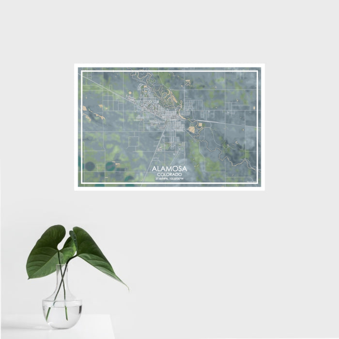 16x24 Alamosa Colorado Map Print Landscape Orientation in Afternoon Style With Tropical Plant Leaves in Water