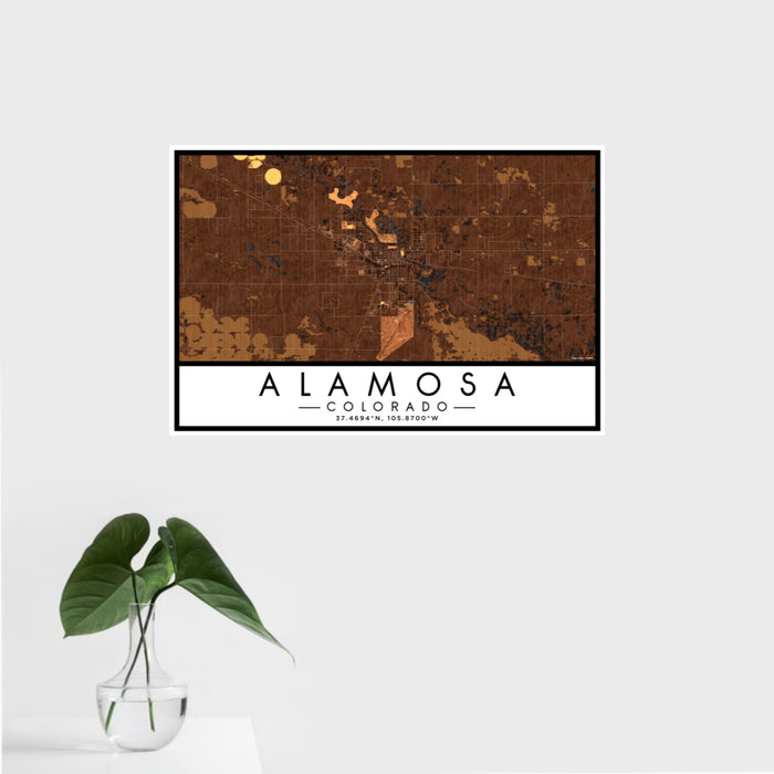 16x24 Alamosa Colorado Map Print Landscape Orientation in Ember Style With Tropical Plant Leaves in Water