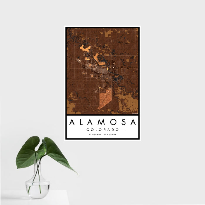 16x24 Alamosa Colorado Map Print Portrait Orientation in Ember Style With Tropical Plant Leaves in Water
