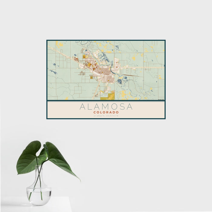 16x24 Alamosa Colorado Map Print Landscape Orientation in Woodblock Style With Tropical Plant Leaves in Water