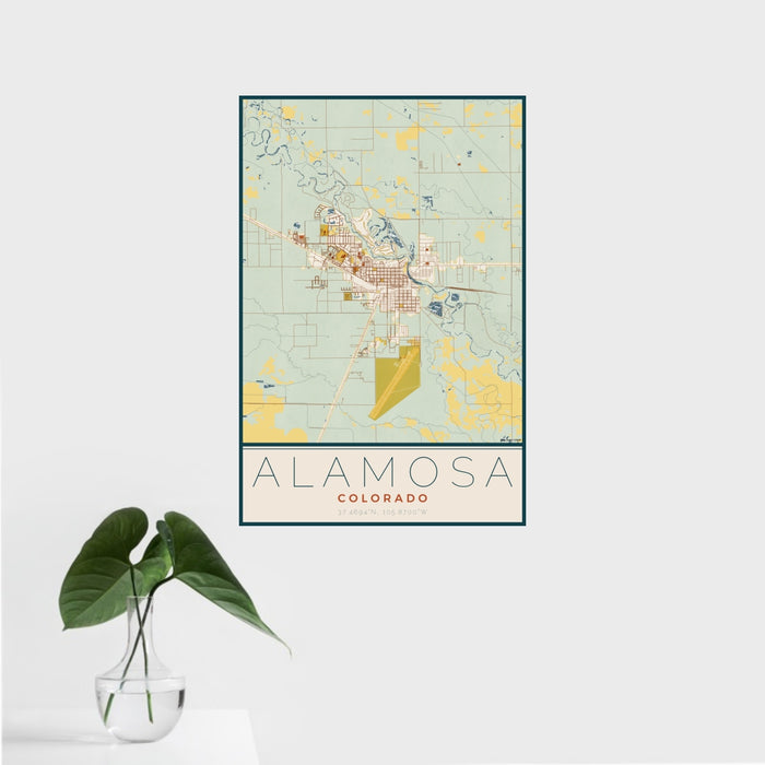 16x24 Alamosa Colorado Map Print Portrait Orientation in Woodblock Style With Tropical Plant Leaves in Water