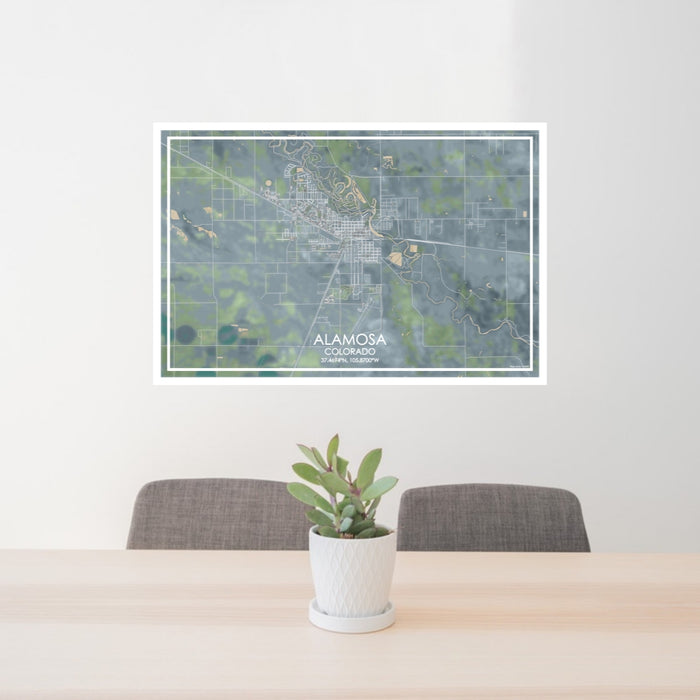 24x36 Alamosa Colorado Map Print Lanscape Orientation in Afternoon Style Behind 2 Chairs Table and Potted Plant