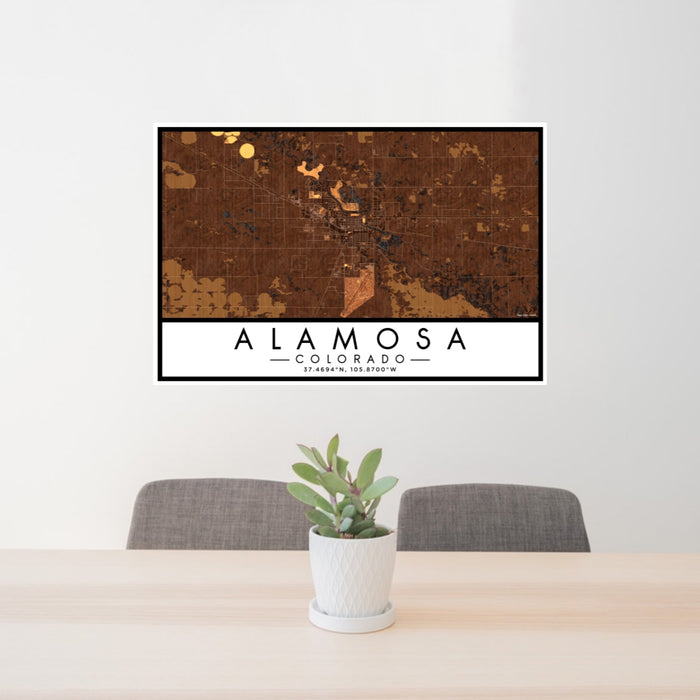 24x36 Alamosa Colorado Map Print Lanscape Orientation in Ember Style Behind 2 Chairs Table and Potted Plant