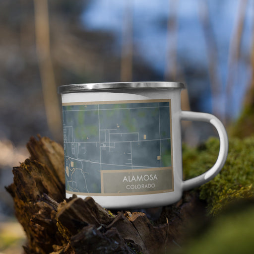 Right View Custom Alamosa Colorado Map Enamel Mug in Afternoon on Grass With Trees in Background