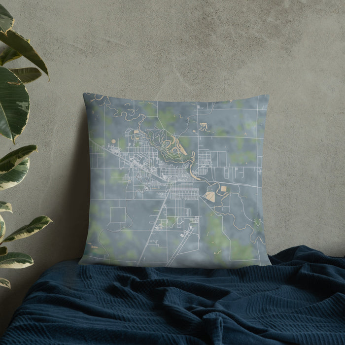 Custom Alamosa Colorado Map Throw Pillow in Afternoon on Bedding Against Wall