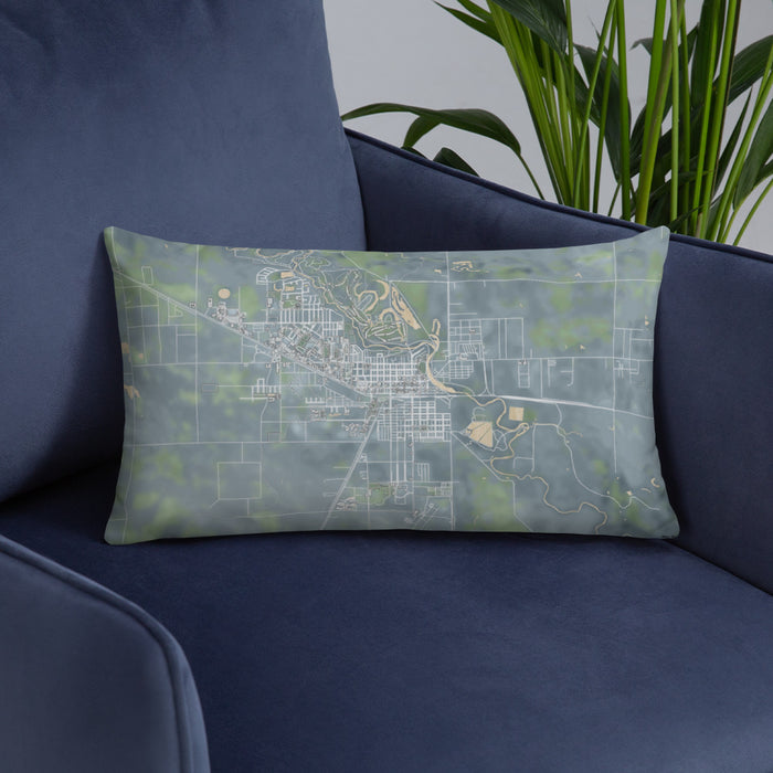 Custom Alamosa Colorado Map Throw Pillow in Afternoon on Blue Colored Chair