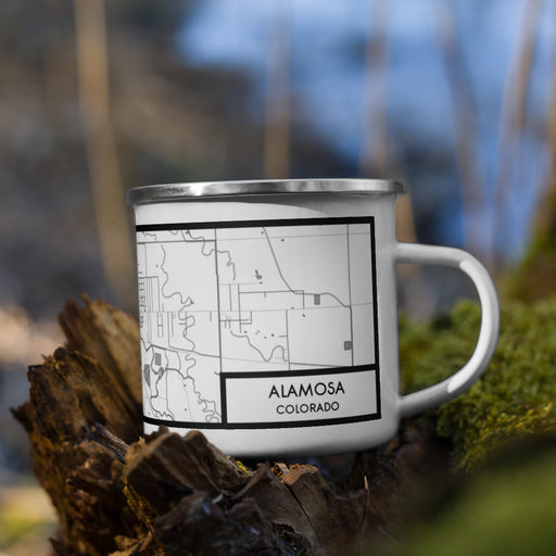 Right View Custom Alamosa Colorado Map Enamel Mug in Classic on Grass With Trees in Background
