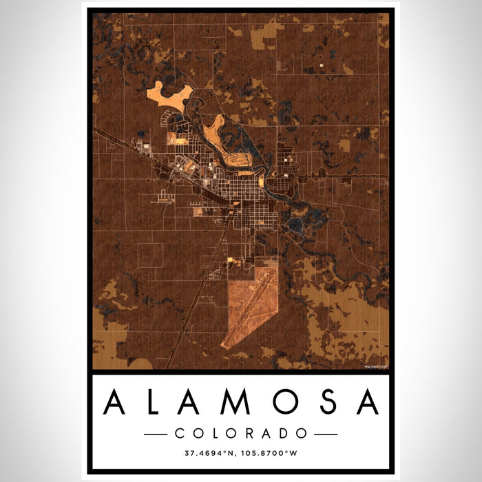 Alamosa Colorado Map Print Portrait Orientation in Ember Style With Shaded Background