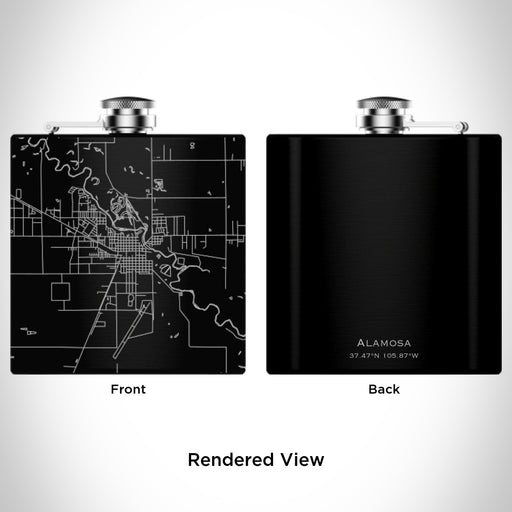 Rendered View of Alamosa Colorado Map Engraving on 6oz Stainless Steel Flask in Black