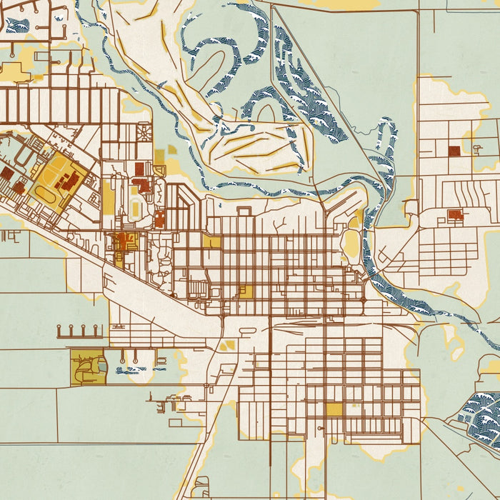 Alamosa Colorado Map Print in Woodblock Style Zoomed In Close Up Showing Details