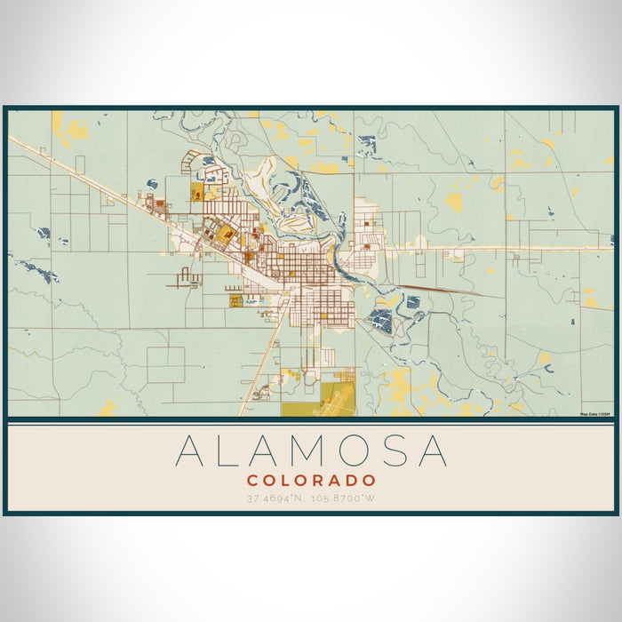 Alamosa Colorado Map Print Landscape Orientation in Woodblock Style With Shaded Background