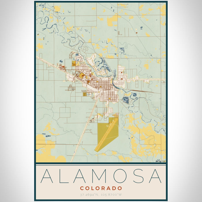 Alamosa Colorado Map Print Portrait Orientation in Woodblock Style With Shaded Background