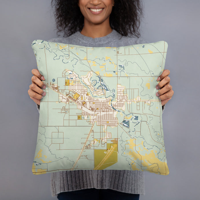 Person holding 18x18 Custom Alamosa Colorado Map Throw Pillow in Woodblock
