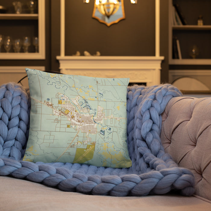 Custom Alamosa Colorado Map Throw Pillow in Woodblock on Cream Colored Couch