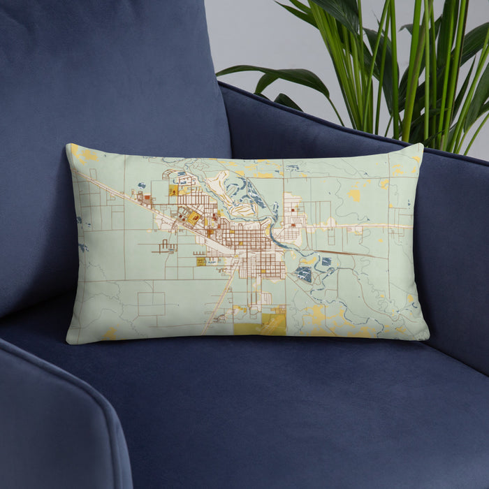 Custom Alamosa Colorado Map Throw Pillow in Woodblock on Blue Colored Chair