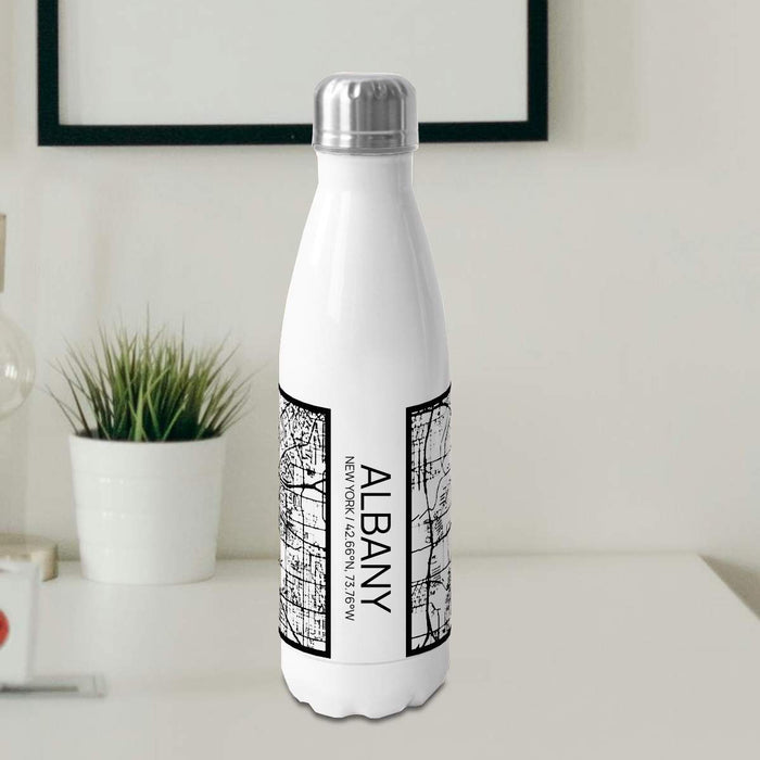 Albany New York Custom City Map Inscription Coordinates on 17oz Stainless Steel Insulated Cola Bottle in Stainless in Matte White