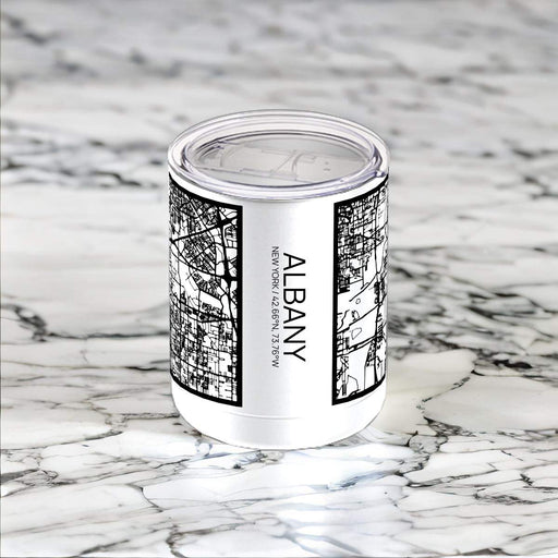 Albany New York Custom City Map Inscription Coordinates on 10oz Stainless Steel Insulated Cup in Matte White with Sliding Lid