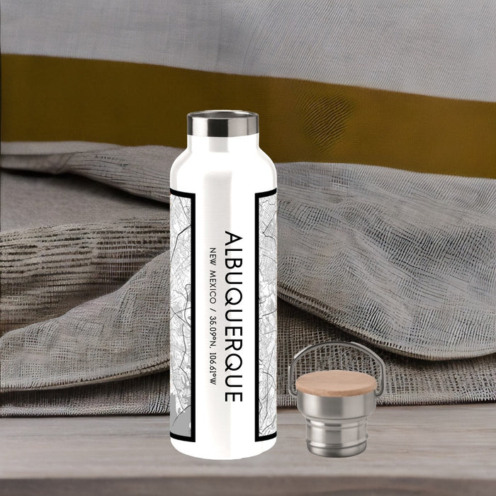 Albuquerque New Mexico Custom City Map Inscription Coordinates on 20oz Stainless Steel Insulated Bottle with Bamboo Top with printed classic style map