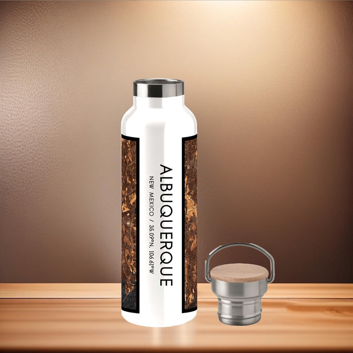 Albuquerque New Mexico Custom City Map Inscription Coordinates on 20oz Stainless Steel Insulated Bottle with Bamboo Top with printed ember style map