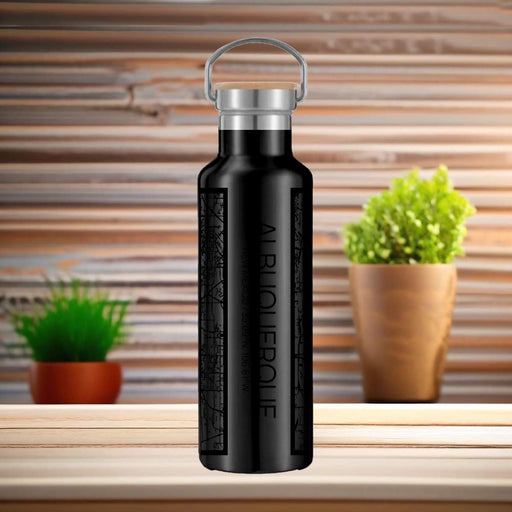 Albuquerque New Mexico Custom City Map Inscription Coordinates on 20oz Stainless Steel Insulated Bottle with Bamboo Top in Matte Black with printed Tactile Lines Map in Black