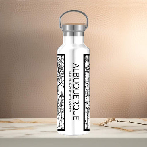 Albuquerque New Mexico Custom City Map Inscription Coordinates on 20oz Stainless Steel Insulated Bottle with Bamboo Top in Matte White with printed Tactile Lines Map in Black