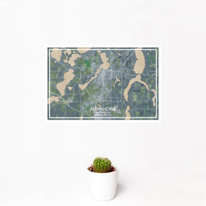 12x18 Alexandria Minnesota Map Print Landscape Orientation in Afternoon Style With Small Cactus Plant in White Planter