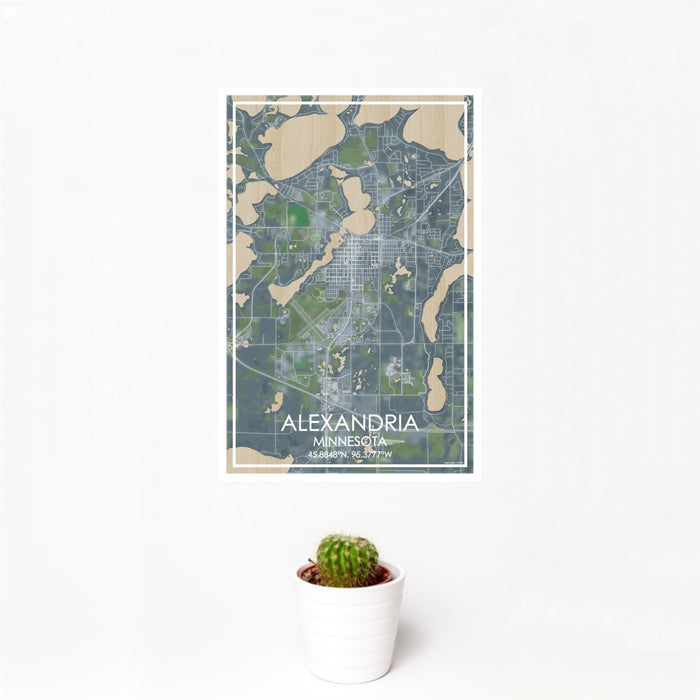 12x18 Alexandria Minnesota Map Print Portrait Orientation in Afternoon Style With Small Cactus Plant in White Planter