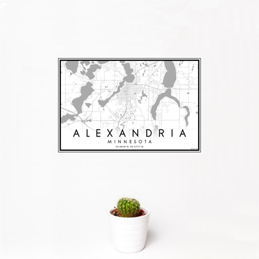 12x18 Alexandria Minnesota Map Print Landscape Orientation in Classic Style With Small Cactus Plant in White Planter