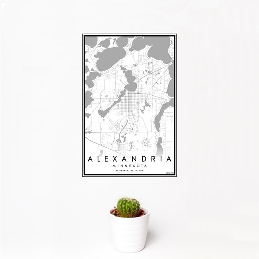 12x18 Alexandria Minnesota Map Print Portrait Orientation in Classic Style With Small Cactus Plant in White Planter