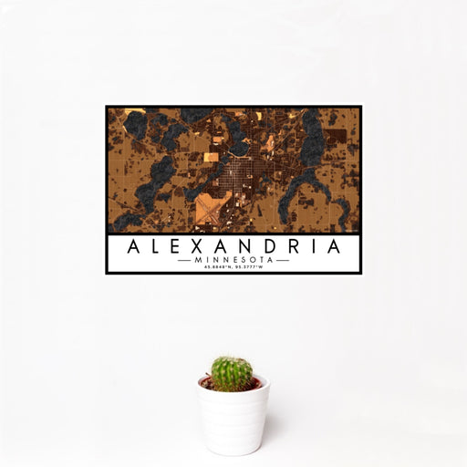 12x18 Alexandria Minnesota Map Print Landscape Orientation in Ember Style With Small Cactus Plant in White Planter