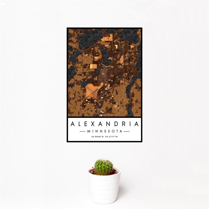 12x18 Alexandria Minnesota Map Print Portrait Orientation in Ember Style With Small Cactus Plant in White Planter