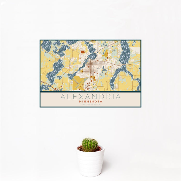12x18 Alexandria Minnesota Map Print Landscape Orientation in Woodblock Style With Small Cactus Plant in White Planter