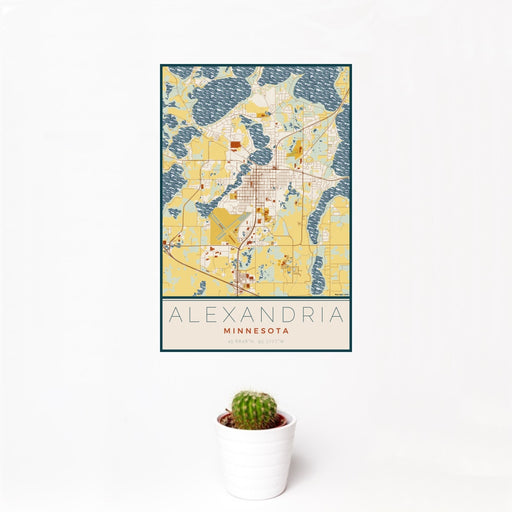 12x18 Alexandria Minnesota Map Print Portrait Orientation in Woodblock Style With Small Cactus Plant in White Planter