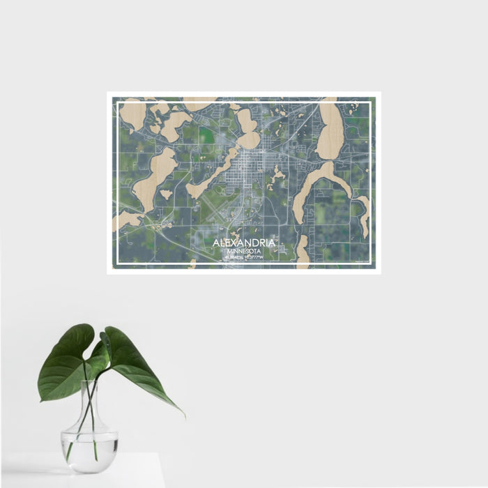 16x24 Alexandria Minnesota Map Print Landscape Orientation in Afternoon Style With Tropical Plant Leaves in Water