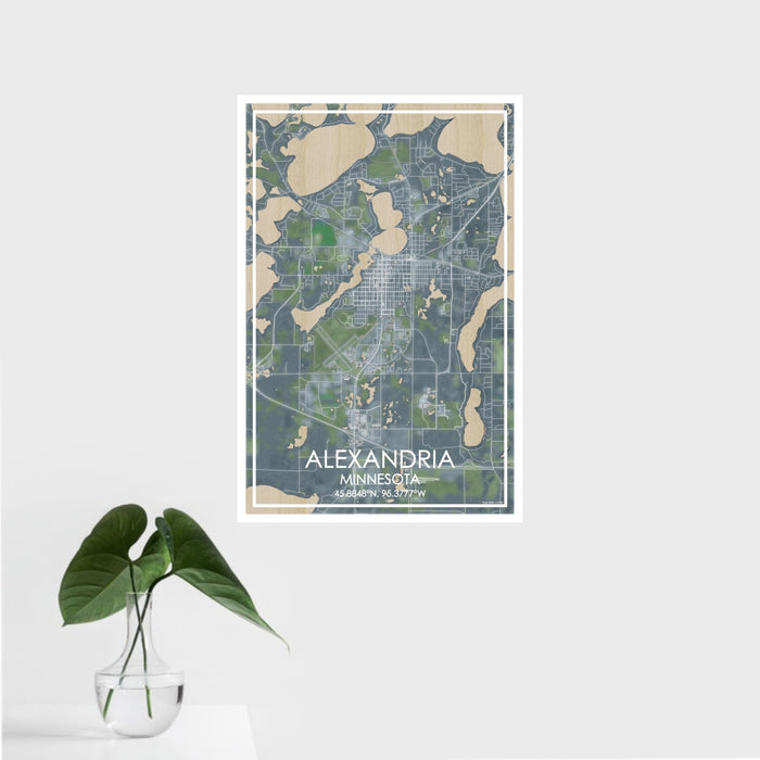 16x24 Alexandria Minnesota Map Print Portrait Orientation in Afternoon Style With Tropical Plant Leaves in Water