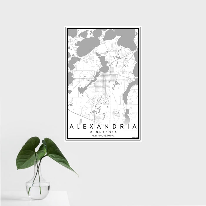 16x24 Alexandria Minnesota Map Print Portrait Orientation in Classic Style With Tropical Plant Leaves in Water