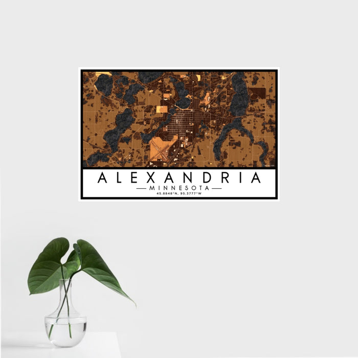 16x24 Alexandria Minnesota Map Print Landscape Orientation in Ember Style With Tropical Plant Leaves in Water