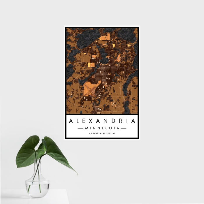 16x24 Alexandria Minnesota Map Print Portrait Orientation in Ember Style With Tropical Plant Leaves in Water