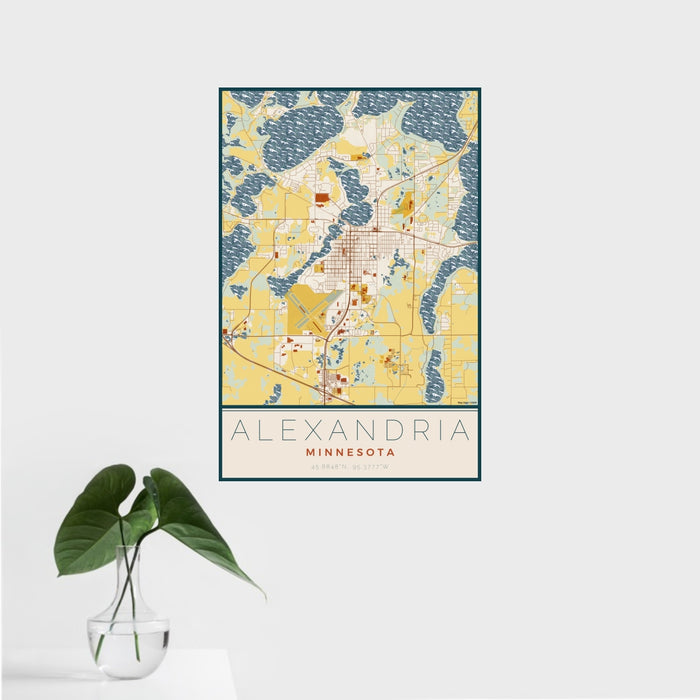16x24 Alexandria Minnesota Map Print Portrait Orientation in Woodblock Style With Tropical Plant Leaves in Water