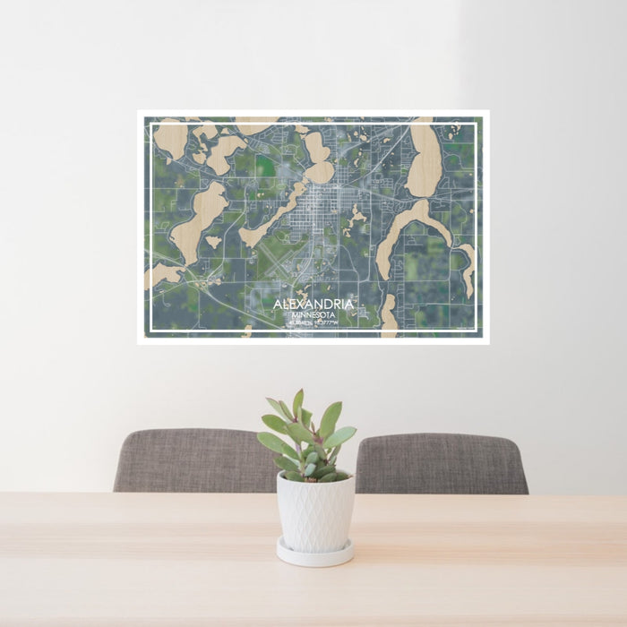 24x36 Alexandria Minnesota Map Print Lanscape Orientation in Afternoon Style Behind 2 Chairs Table and Potted Plant