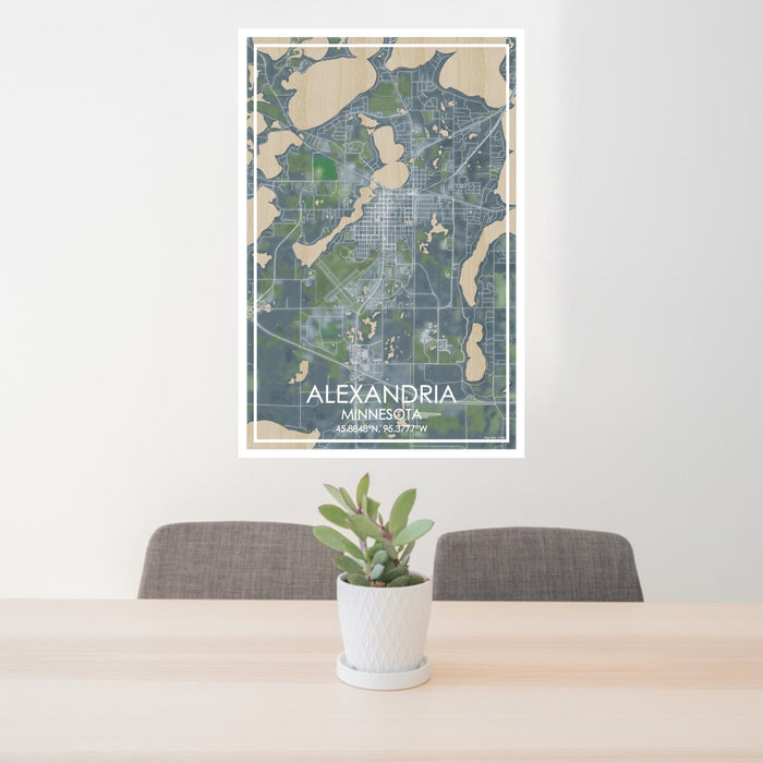 24x36 Alexandria Minnesota Map Print Portrait Orientation in Afternoon Style Behind 2 Chairs Table and Potted Plant