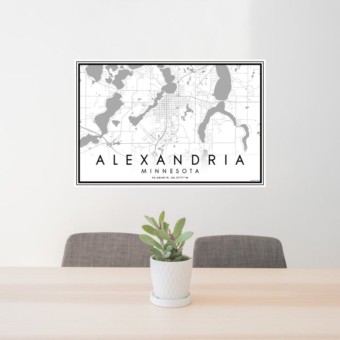 24x36 Alexandria Minnesota Map Print Lanscape Orientation in Classic Style Behind 2 Chairs Table and Potted Plant