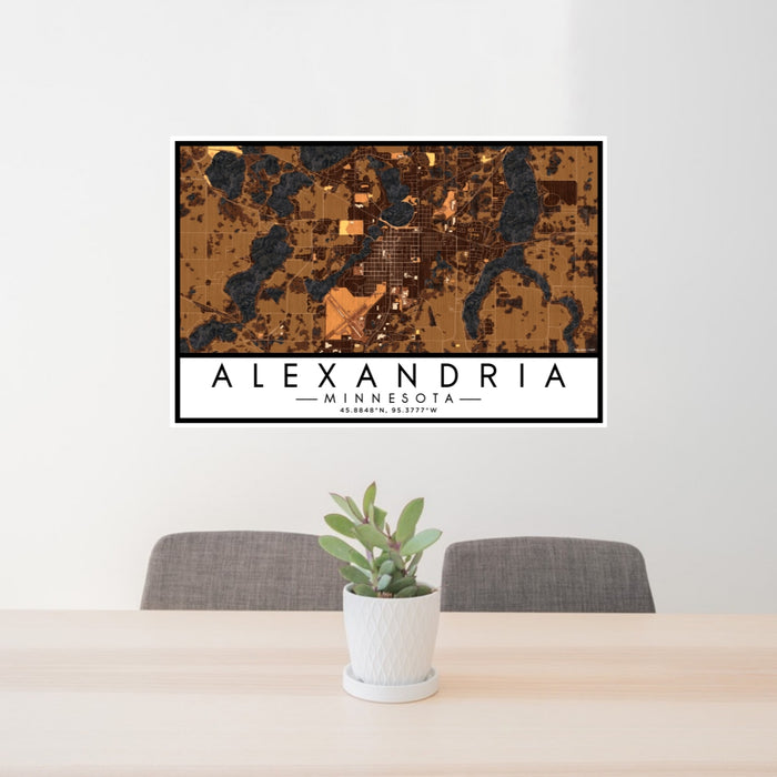 24x36 Alexandria Minnesota Map Print Lanscape Orientation in Ember Style Behind 2 Chairs Table and Potted Plant