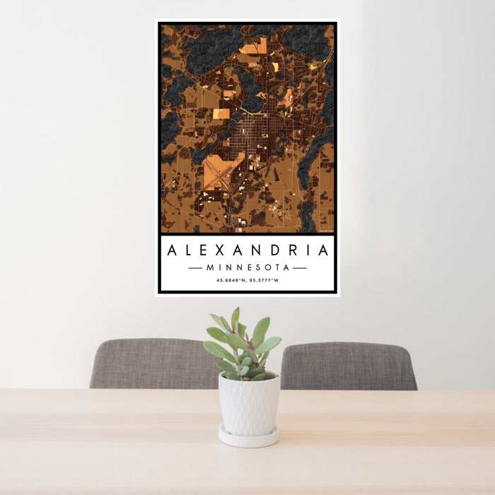 24x36 Alexandria Minnesota Map Print Portrait Orientation in Ember Style Behind 2 Chairs Table and Potted Plant