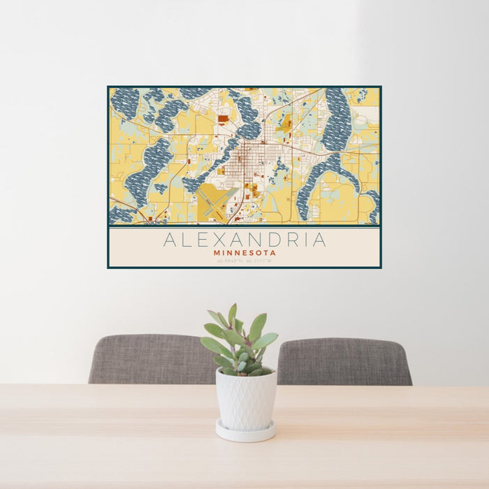 24x36 Alexandria Minnesota Map Print Lanscape Orientation in Woodblock Style Behind 2 Chairs Table and Potted Plant