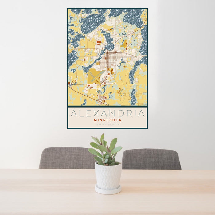 24x36 Alexandria Minnesota Map Print Portrait Orientation in Woodblock Style Behind 2 Chairs Table and Potted Plant