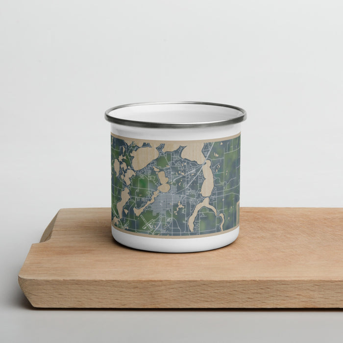 Front View Custom Alexandria Minnesota Map Enamel Mug in Afternoon on Cutting Board